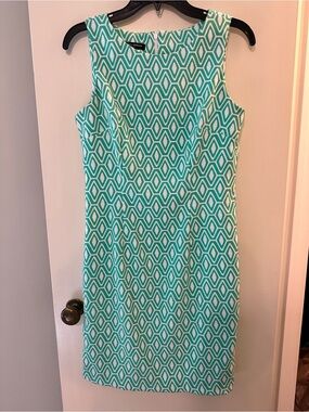 Mario Serrani Teal and White Geometric Midi Sheath Dress